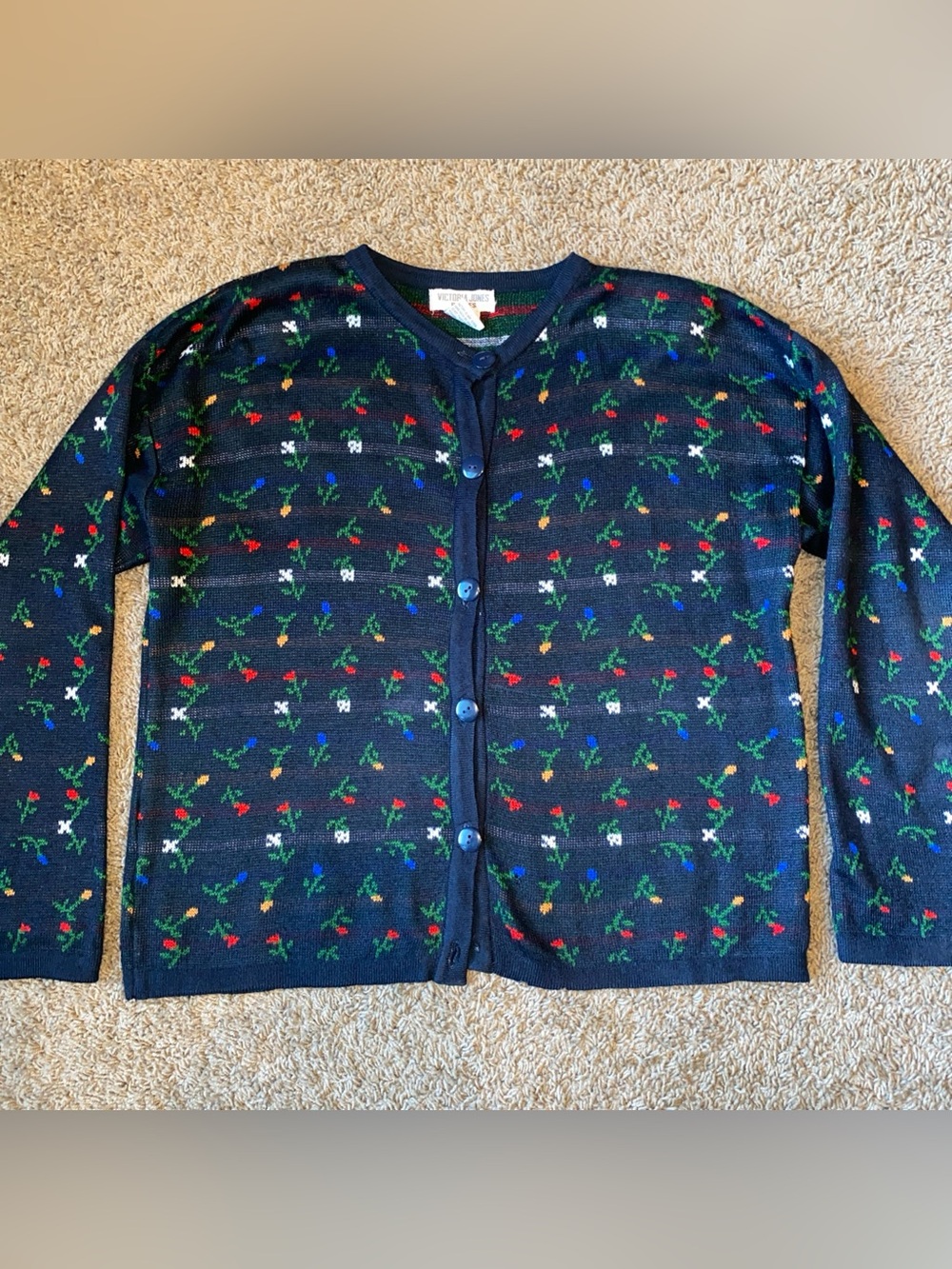 Victoria Jones Button Up Sweater Women's Petite Medium Black Floral Cottage Vtg